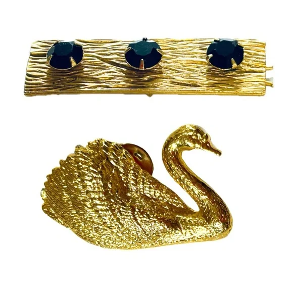 Vintage Gold Tone Hair Barrett Black Rhinestone & 1992 Swan Brooch - Picture 2 of 7